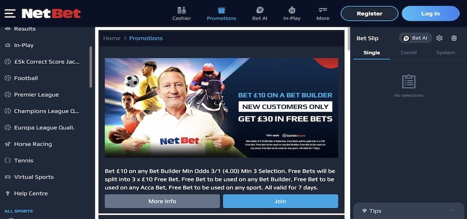 Screenshot of the Netbet bonuses page